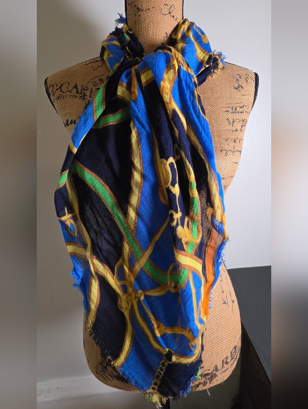 Ralph Lauren Blue, Black & Gold Chain-Print Scarf with Green Accents